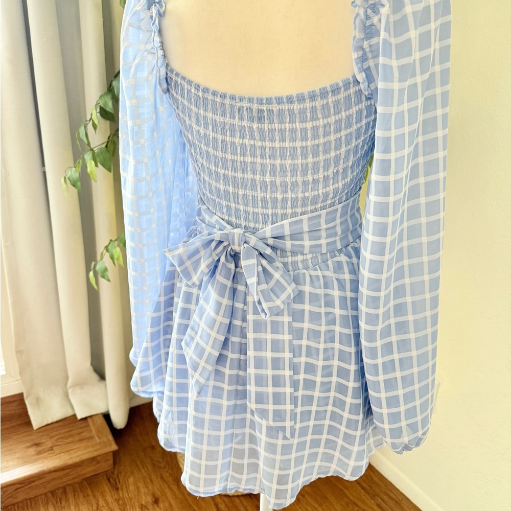Light Blue Plaid Smocked Mini Romper, Size Small - Picture 4 of 11